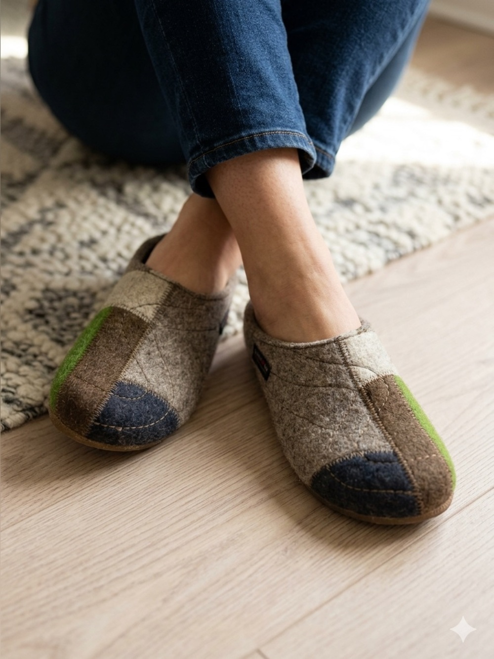 Wool Slip-On Slippers in Brown and Green